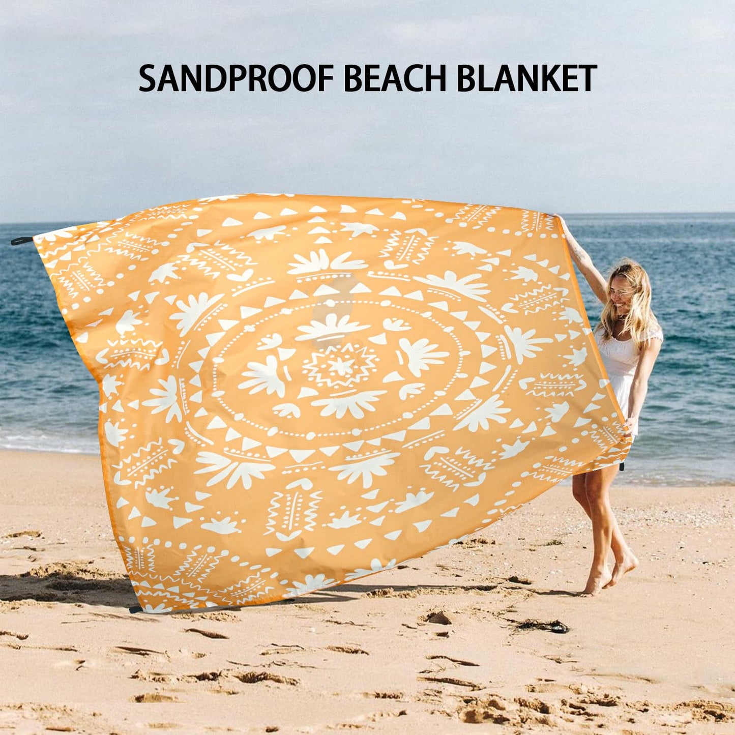 SkyNature 110''×118'' Extra Large Sandproof Beach Blanket 4-8 Adults, Waterproof Foldable Picnic Blankets with 4 Stakes & 4 Pockets, Lightweight Boho Outdoor Beach Mat for Travel, Camping, Hiking