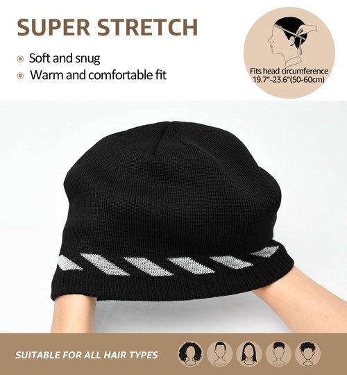 HiRui Winter Beanie Hats for Men Women Knit Fleece Skull Caps Reflective Stripes (Black (Pack of 1))