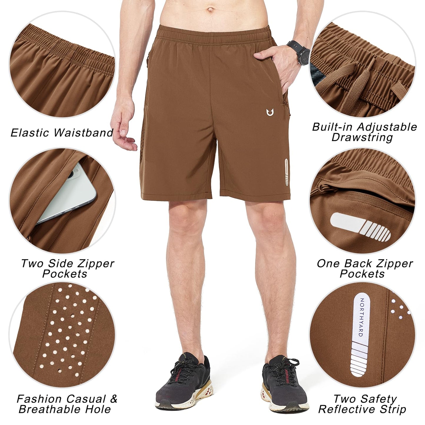 NORTHYARD Men's Athletic Running Shorts Gym Workout 7"/9"/5" Quick Dry Lightweight Sports Basketball Tennis 3 Zipper Pockets Brown 4XL