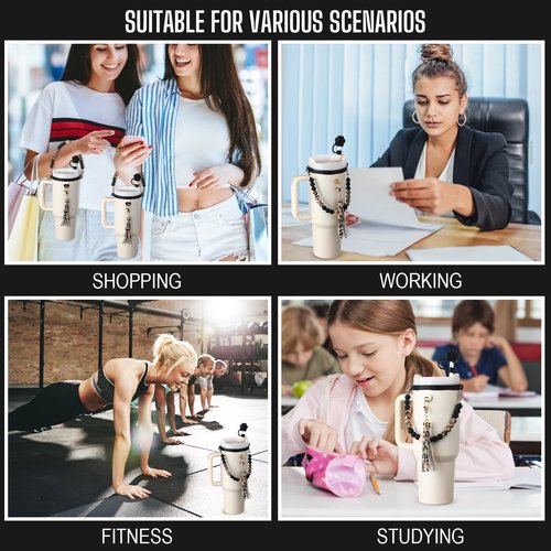 Vercraft 5 Pcs Silicone Cup Accessories Set Compatible with Stanley Cup Including Silicone Beaded Bottle Strap Leather Tassel Charm Straw Cover Rubber Ring for 8 to 40 oz Tumbler(Black,Leopard)