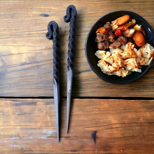 Viking Traders Eating Spikes Medieval Feast Ware Of Hand Forged Iron Twisted Eating Utensils, Functional Food Sticks Dinning Cutlery Set Of 2