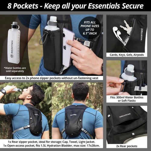 Running Hydration Vest for Women and Men. Reflective, 8 Pocket, Quick Dry, Water-Resistant, Breathable, Adjustable Backpack for Runs, Hiking, Cycling, Trails, Marathons