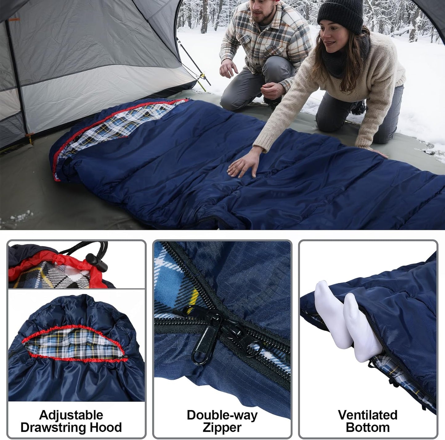 REDCAMP Flannel Sleeping Bag for Adults, Comfortable Cotton Sleeping Bags for Camping with Detachable Hood, Red/Grey/Blue