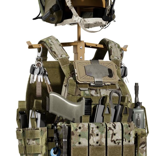 BUYYAH Tactical Military Gear Stand, Heavy Duty Tactical Gear Support Stand Helmet Vest Belt Rack, Motorcycle Helmet Holder Stand Display Organizer, Indoor Home Garage, Tan