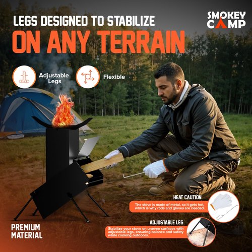 Rocket Stove for Camping Heavy Duty Wood Burning Stove with Adjustable Legs, Portable Wood Burning Fire Camping Stove, Cooking Camping Grilling Outdoor Backyard BBQ Stove with Storage Bag, Rod, Gloves