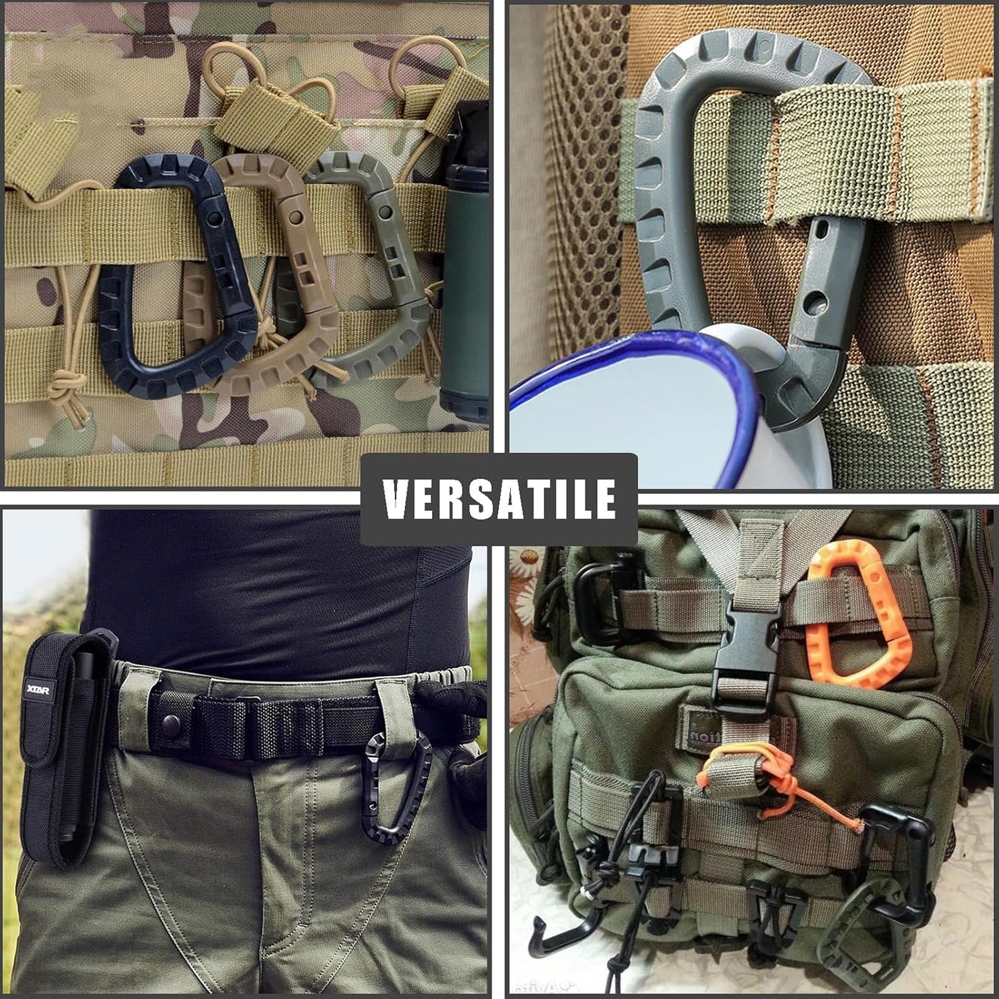 Tactical Gear Clips Plastic Carabiner Keychain Clip D-Rings Spring Snap Hook for Backpack, Molle System, Bag, Key Chain