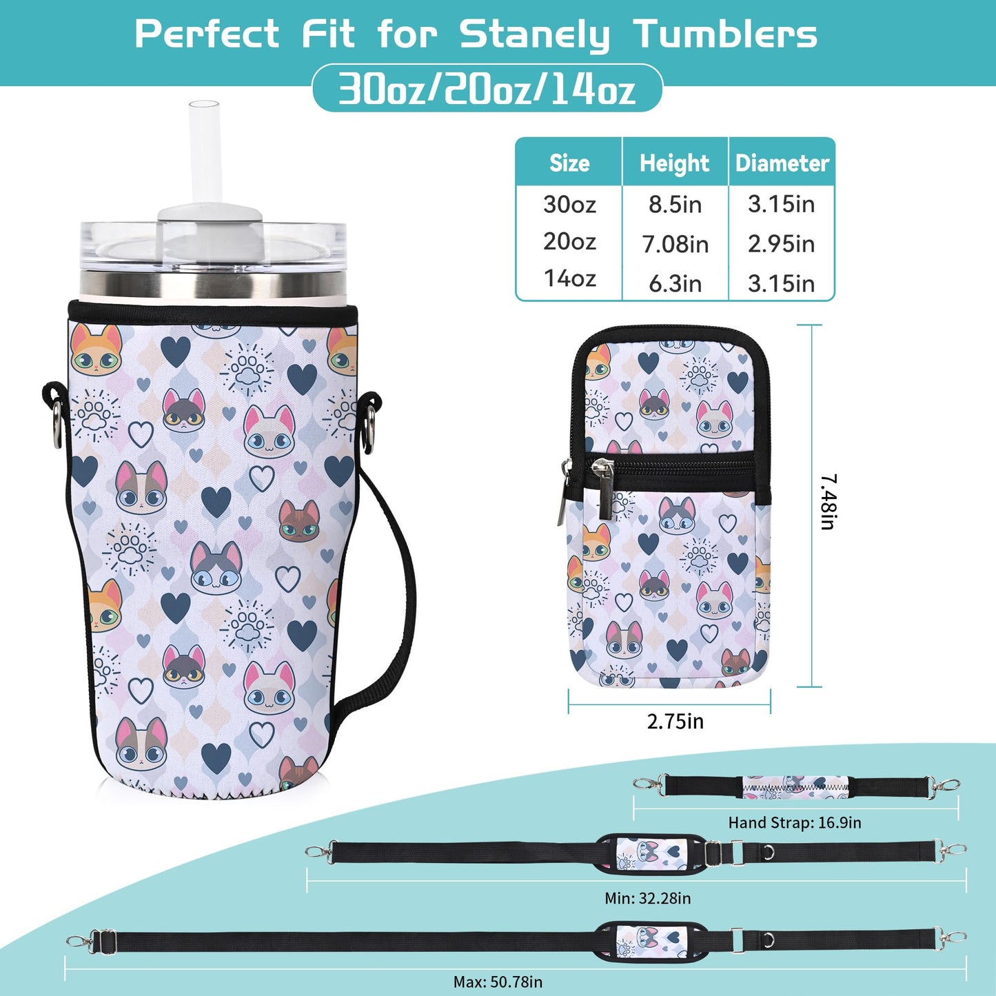 AUPET Water Bottle Holder Carrier Bag fit for 30/20 /14 oz Stanley Flowstate IceFlow Yeti Tumbler,Cup Accessories Sleeve Sling with Phone Pouch & Strap (Cute cat Heart, fit for Tumbler 20oz)
