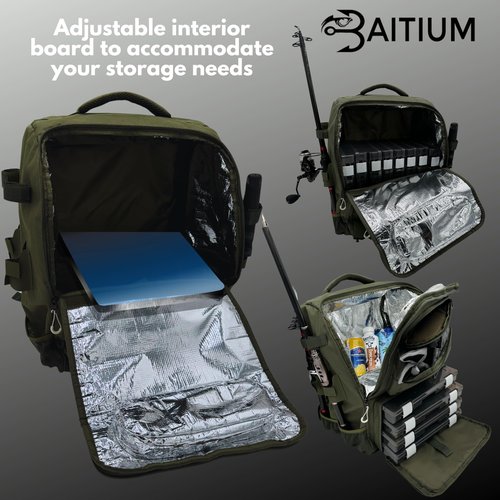 Baitium Fishing Backpack, Tackle Bag With Rod Holders, 40L Capacity With Cooler, Rain Cover, Insulated Pocket, 4 Tackle Trays Included- (Green)