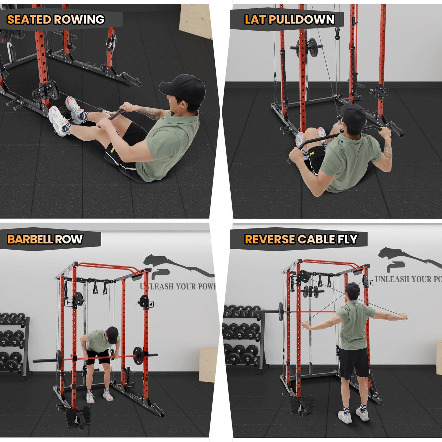 GaveeLife Power Cage, 2000 LBS Power Rack with Cable Cross-Over System, Multi-Functional Strength Training Squat Rack with LAT Pull Down System, Home Gym Equipment with Training Attachment, Red