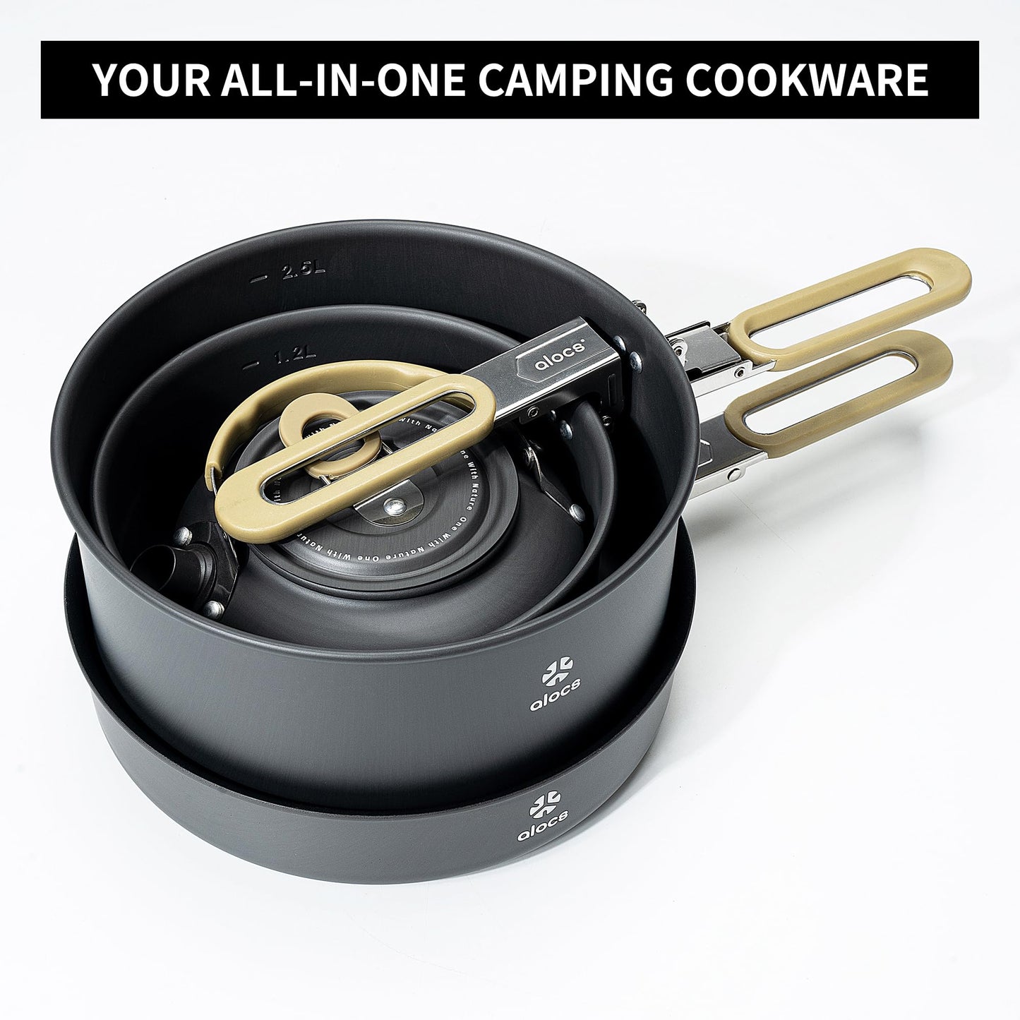 Alocs Portable Camping Cookware - Upgraded Handle, Non-Stick Camping Pan Set for Outdoor Kitchen, Picnic, Hiking and Fishing