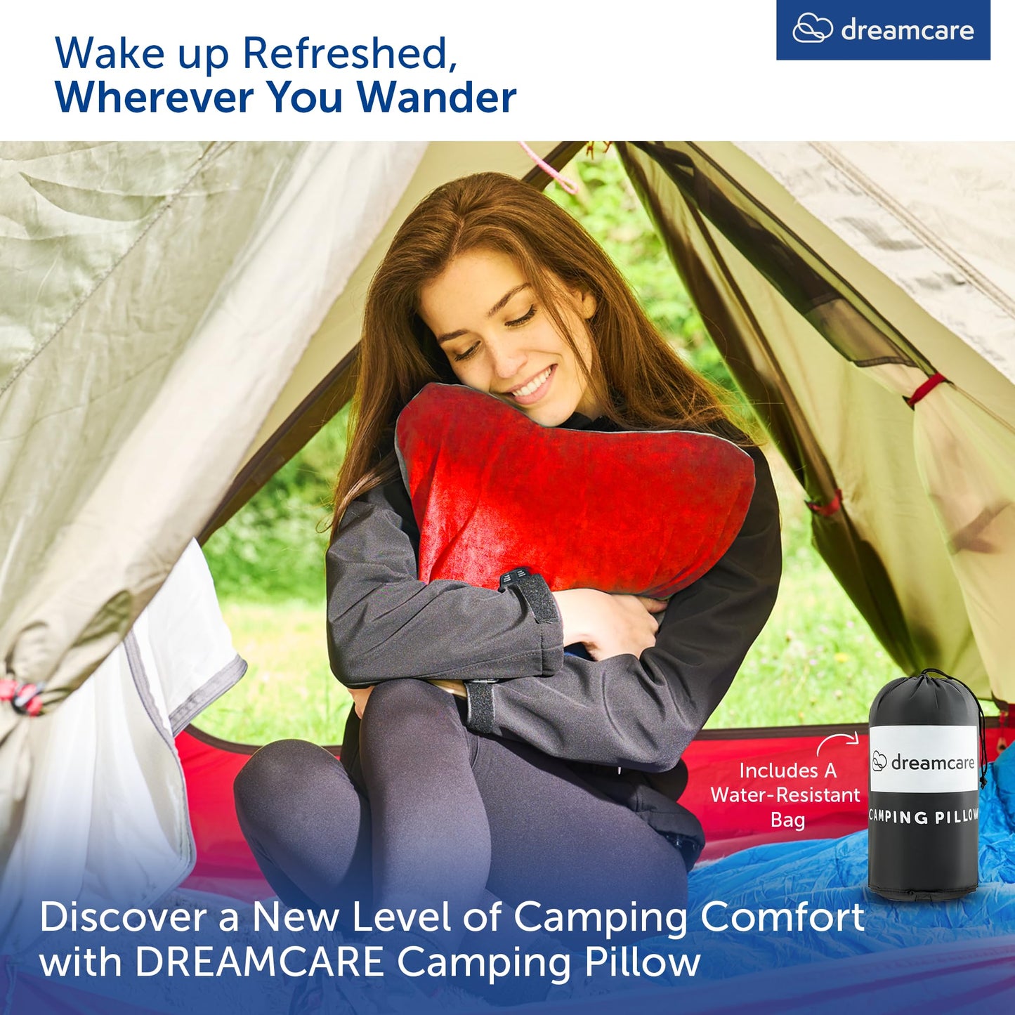 DREAMCARE Camping Pillow, Memory Foam Travel Pillow, Camping Accessories - Small Pillow Camping Essentials Camping Pillows for Sleeping, Backpacking Pillow, Travel Pillows for Sleeping (Medium, Red)