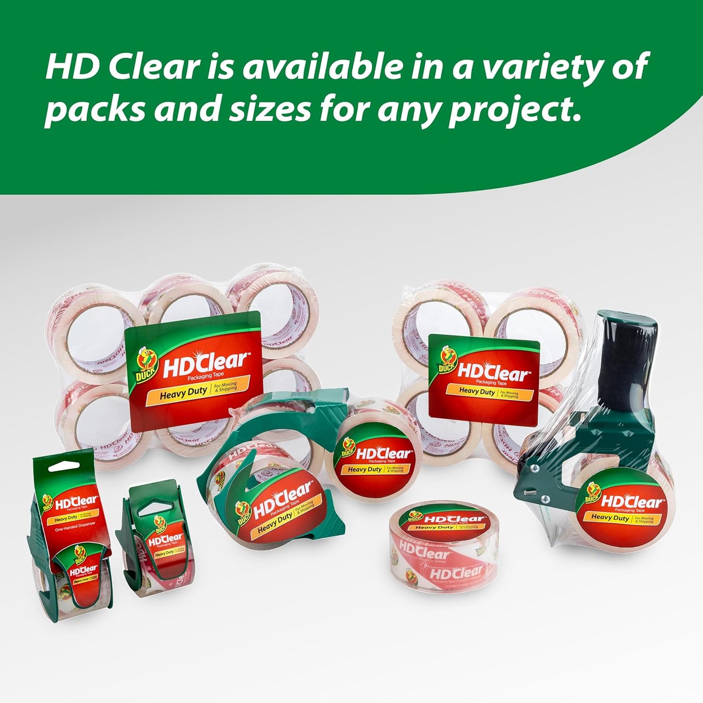 Duck HD Clear Packing Tape with Dispensers - 6 Rolls of Strong Heavy Duty Packing Tape for Shipping and Moving, Boxes and Packaging - 1.88 In. x 22.2 Yards - 1.5" Core - Clear (287732)