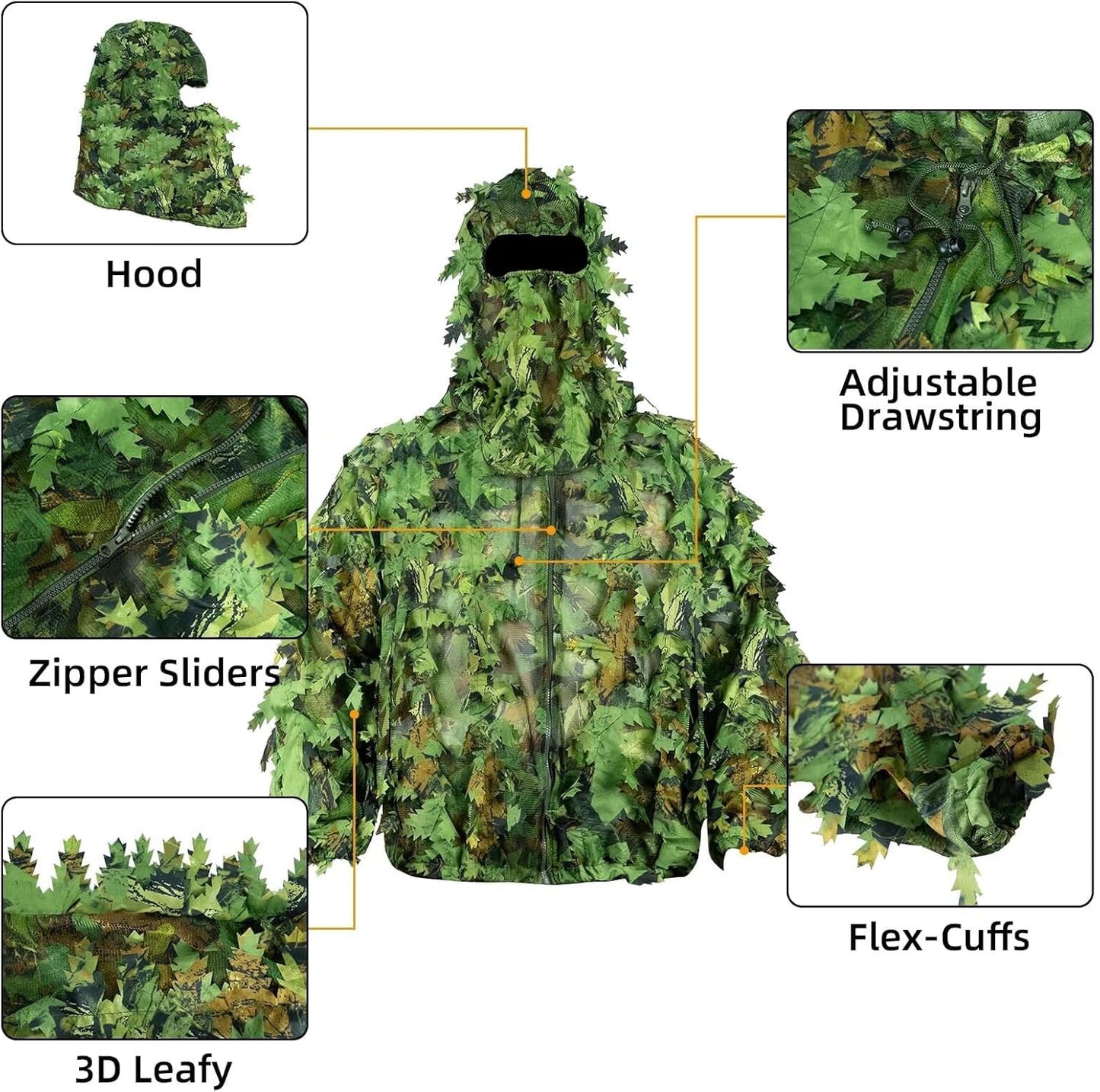 HYOUT Hooded Ghillie Suit Camo Suit Woodland Forest Military 3D Green Leafy Clothing Costume for Jungle Halloween Party