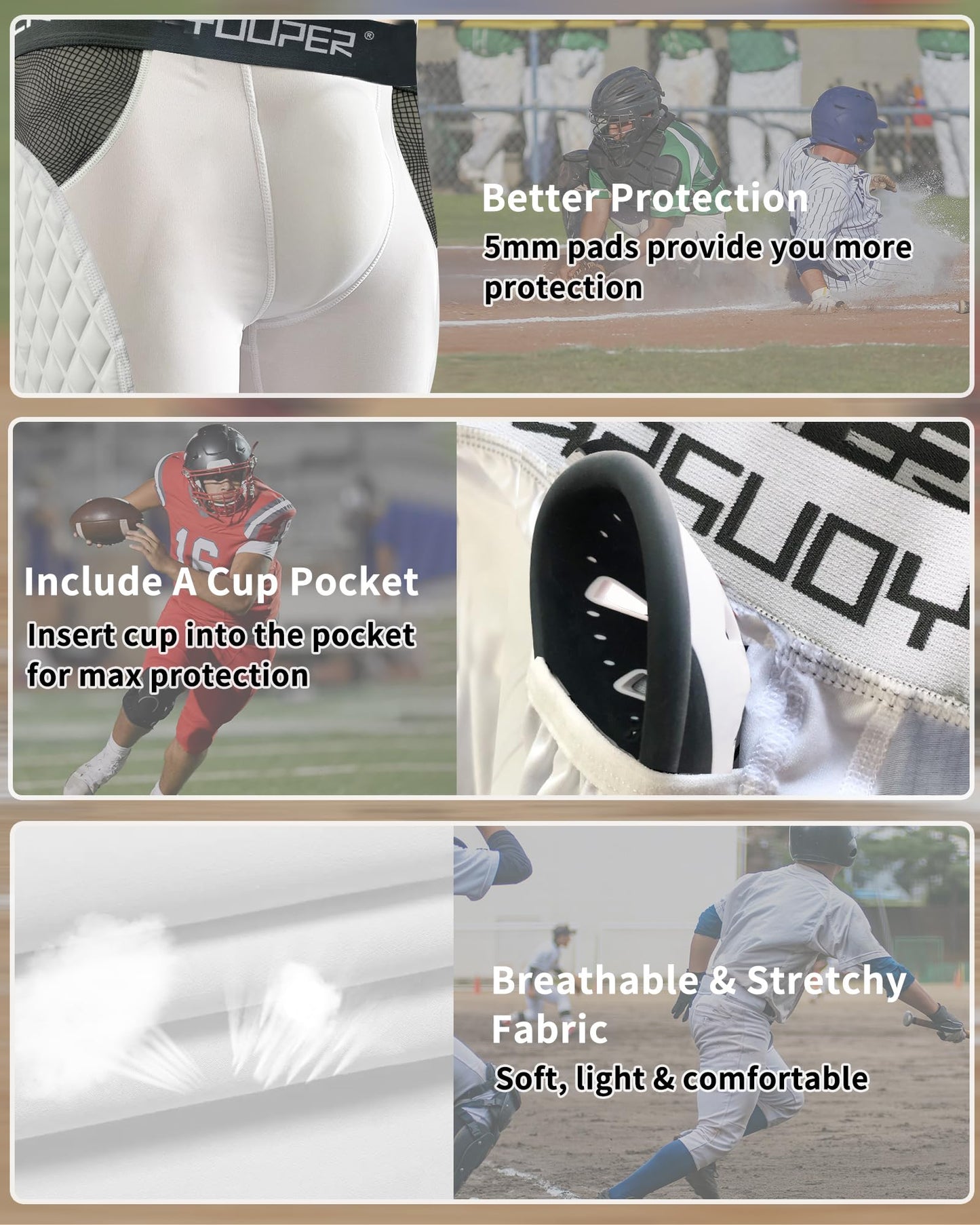 Youper Adult Elite Compression Padded Sliding Shorts w/Cup Pocket for Baseball, Football (White, Medium)