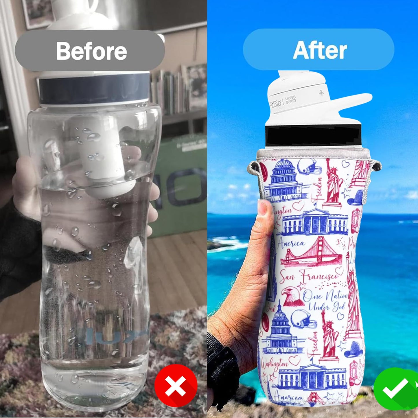 ARefugen 2Pcs Sleeve Fit for 22 oz Cirkul Water Bottle - Neoprene Insulated Sleeve for Plastic Glass Stainless Steel Bottle, Water Bottle Cover Holder Carrier with Shoulder Strap (Patriotic & Black)