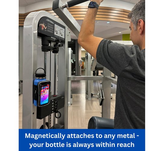 Gym Mate Magnetic Water Bottle Sleeve with see-through phone access. Attaches Magnetically to Metal Surface so Your Bottle is Always Within Reach. Use your phone without taking it out of the pouch.