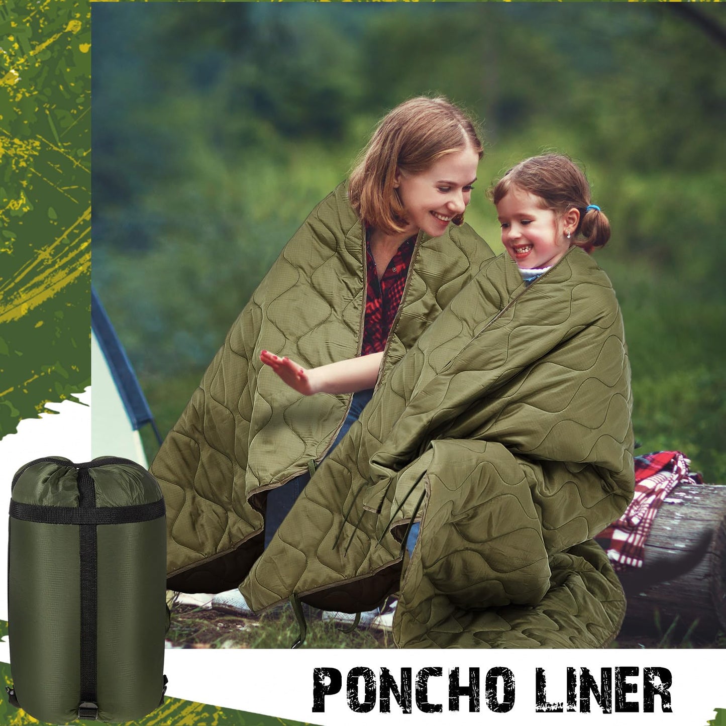 Barydat 3 Pack Woobie Military Poncho Liner 80 x 60 Inch Woobie Blanket Waterproof Thermal Poncho Liner with Bag Camo for Outdoor Camping Hunting Hiking (80 x 60 Inch,Green)