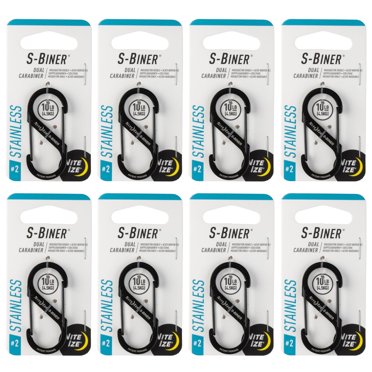 Nite Ize S-Biner Stainless Steel Dual Carabiner - Multi Purpose Dual Carabiner Clip - Great for Camping Supplies & Hiking Essentials - Secure Key Holder - Size 2, Black (8 Pack)