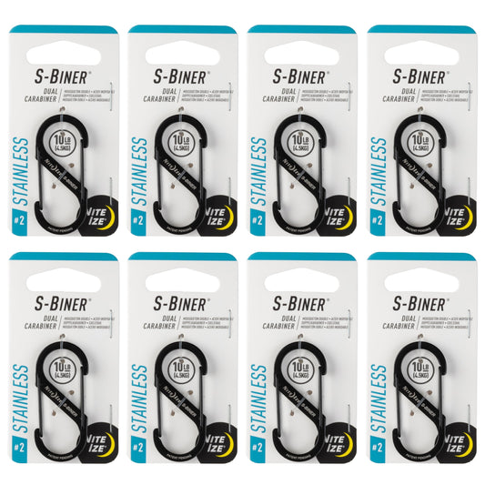 Nite Ize S-Biner Stainless Steel Dual Carabiner - Multi Purpose Dual Carabiner Clip - Great for Camping Supplies & Hiking Essentials - Secure Key Holder - Size 2, Black (8 Pack)