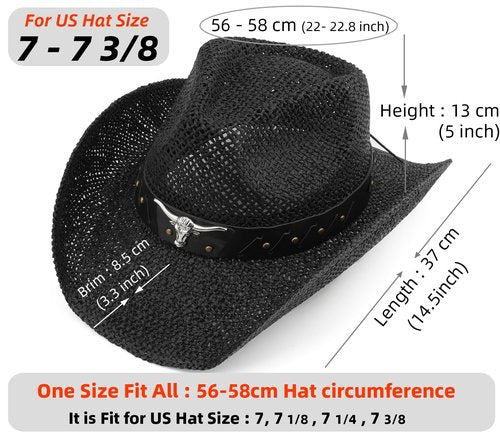 Melesh Straw Cowboy Hat for Women Men Sun Beach Western Cowgirl Hat (US, Alpha, One Size, Black -OX)