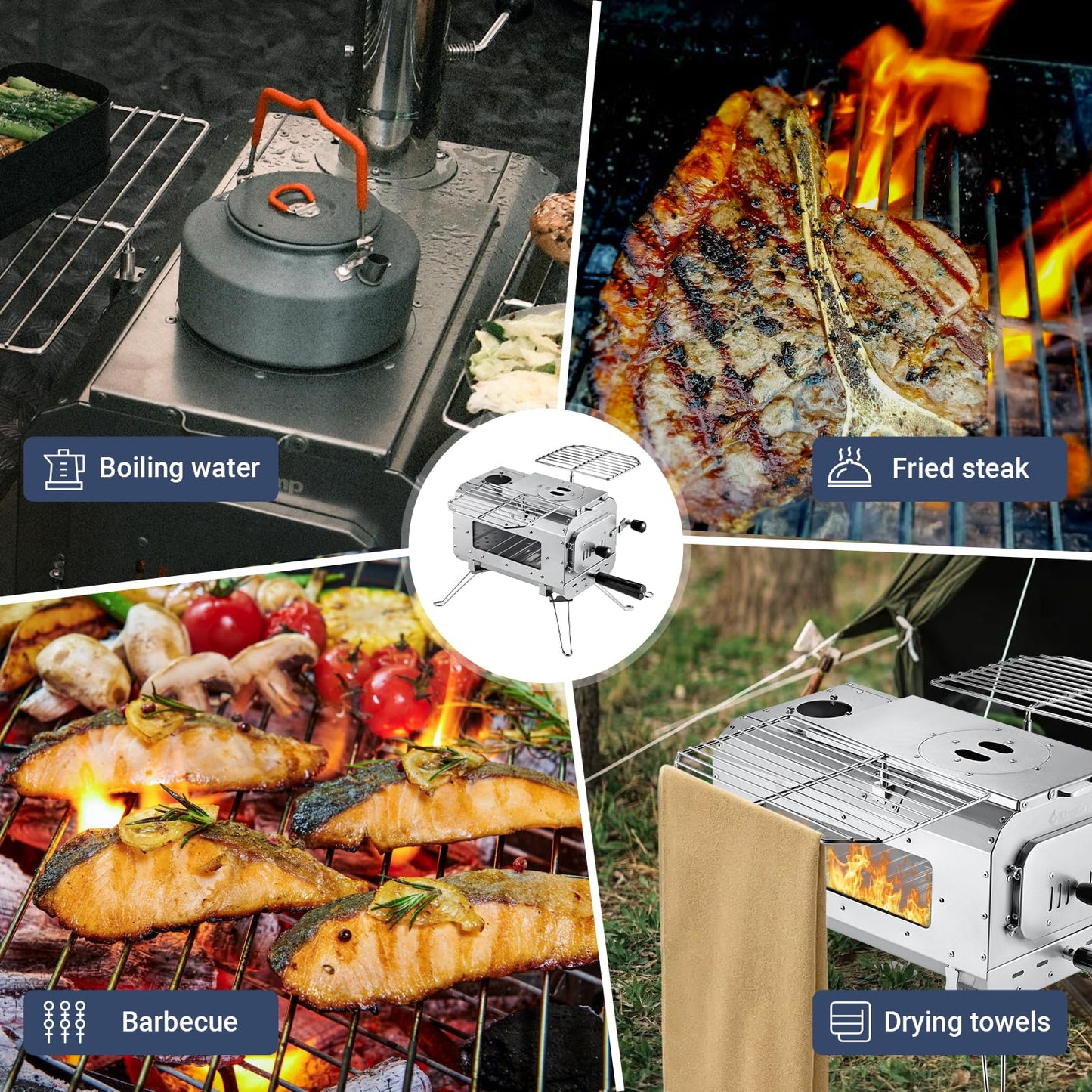 KingCamp Hot Tent Stove, Foldable Camping Stove with Large Firebox, 7.5ft Winter Camping Stove for Tent, Shelter, Cabin Heating, With Chimney Pipes, Heat Resistant Glass & Gloves for Outdoor