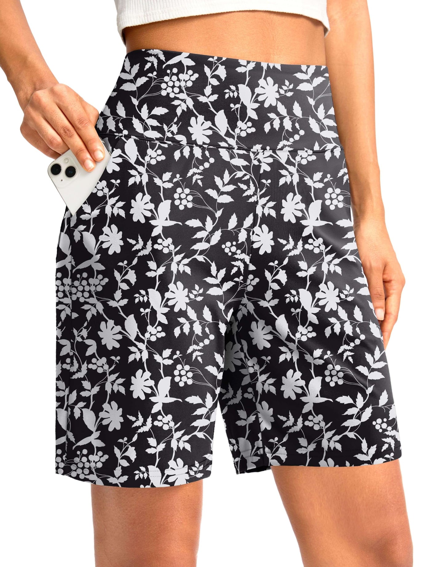 G Gradual Women's Bermuda Long Shorts with Pockets 7" High Waisted Knee Length Shorts for Women Walking Athletic Workout(White Flower-L7,S)