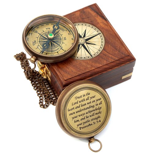 Trust in The Lord -Proverbs 3: 5-6 Quote Engraved Compass with Wooden Box, Baptism Gifts, Camping Compass, Catholic Inspirational Christian Religious Gifts for Men Women, 2025 Graduation Day Gifts