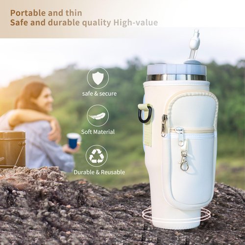 DOVO Water Bottle Carrier Bag with Pocket for Stanley 40 oz Tumbler Neoprene Water Bottle Holder Pouch with Adjustable Strap Bollus with Straw Cover & Letter Charm for Stanley Cup Accessories