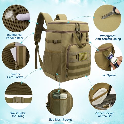 Pyrrhus 43L Cooler Backpack 45/55 Cans Insulated Leak Proof Tactical Backpack,2 Insulated Comaprtments Thermal Bag,Large Lunch Outdoor Backpack for Picnic, Beach, Work,Trip