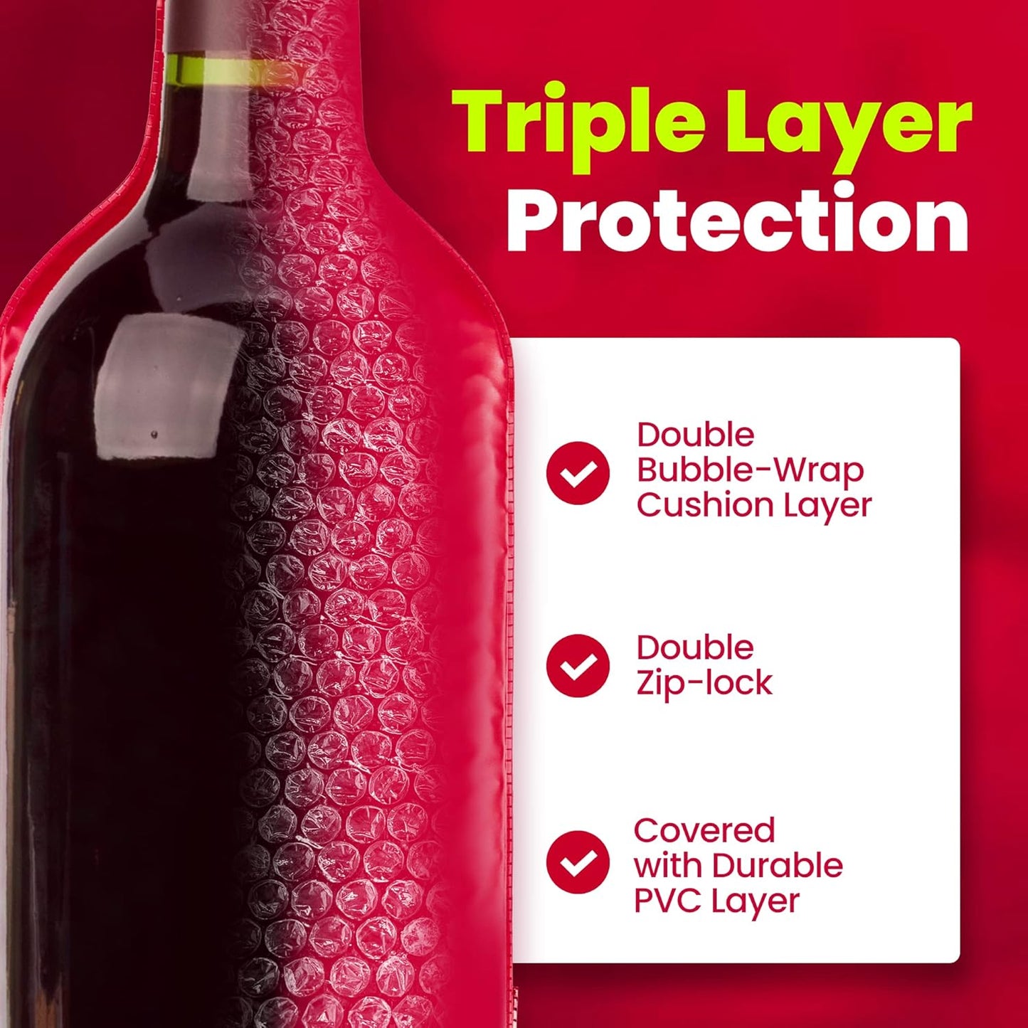 Reusable Wine Protector Travel Bag by Bottle Shield (6-pack) - Unbreakable Bottle Shipping Sleeve, Leak Proof & Double Layer Wine Bubble Wrap Sleeve | Travel Wine Bags for Suitcase Luggage, Red
