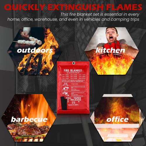 Copkim 2 Sets Emergency Fire Blanket for Home Fire Suppression Thermal Blankets with Emergency Whistles, Hooks and Gloves for Kitchen, Fireplace, Car, Office, 39.3" x 39.3"