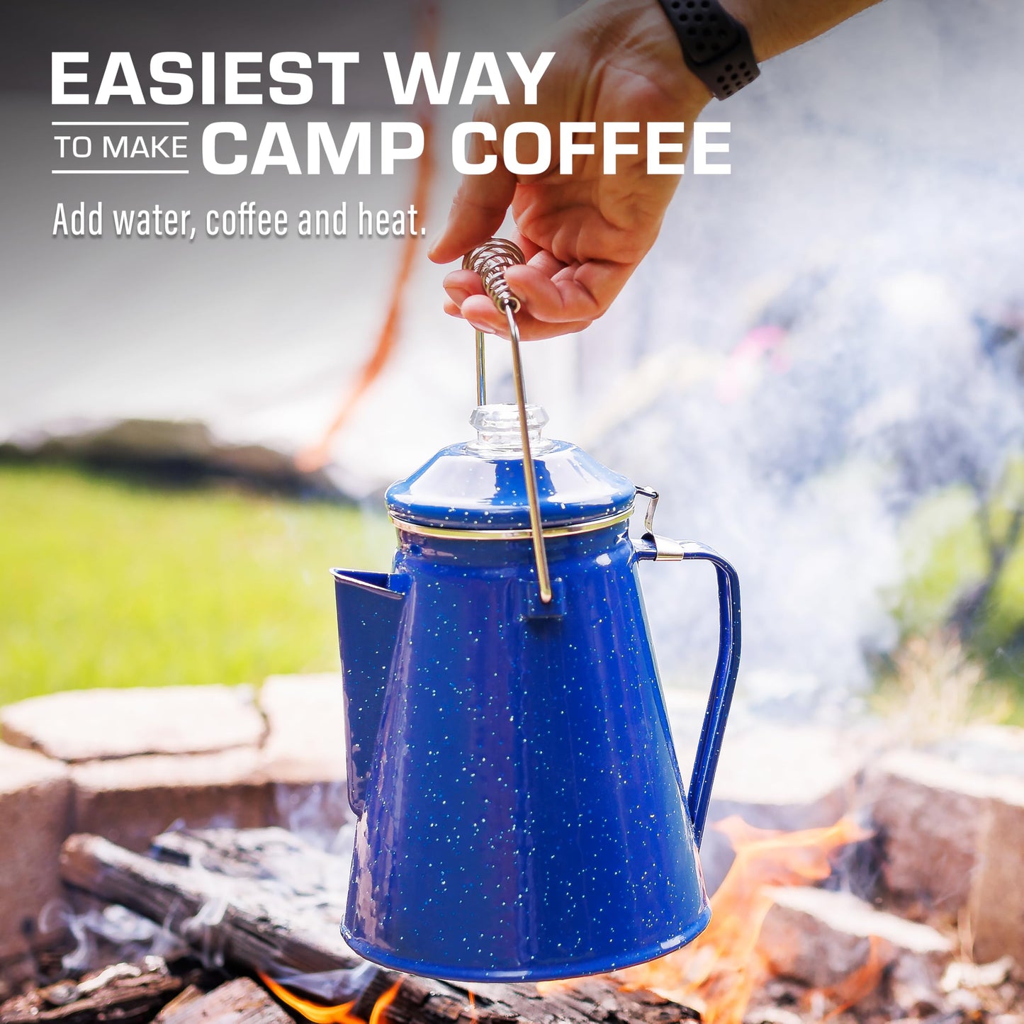 COLETTI Classic Enamel Set Coffee Percolator & Mugs — The Most Nostalgic Camping Coffee Pot, Now Modernized [Blue Enamel, 12 Cup Percolator Coffee Pot & Set of 4 Mugs]