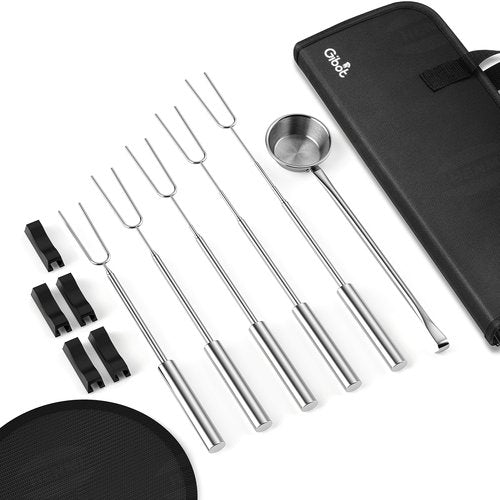 Gibot Marshmallow Roasting Sticks for Fire Pit, 5 Dishwasher Safe Stainless Steel Extendable Smores Sticks with Rests Pellet Scoop Grill mat, Camping Essentials，Stove Accessory Pack