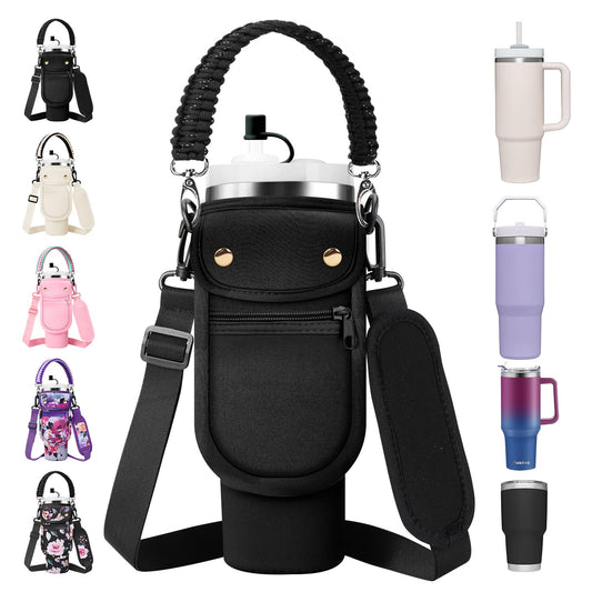 AceTreker 40/30 oz Stanley Cup Sleeve Bag with Paracord Handle, Neoprene Stainless Steel Travel Tumbler Holder with 2 Pockets, Metal Coffee Mug Sling with Straw Cover for Walking Driving Gym-Black