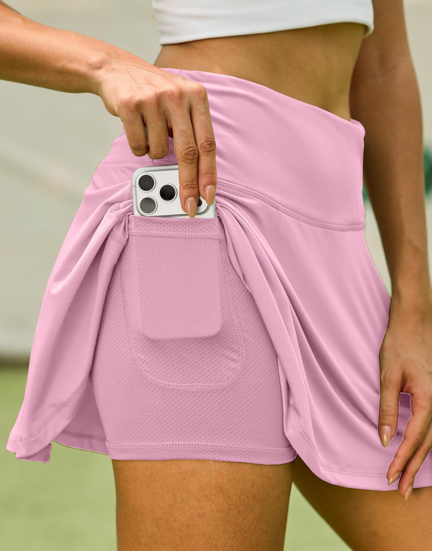 SANTINY Pleated Tennis Skirt for Women with 4 Pockets Women's High Waisted Athletic Golf Skorts Skirts for Running Casual (Pink_L)