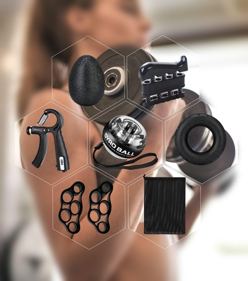 Qishangnana Hand Grip Strengthener Workout Kit (8 Pack) Forearm Grip Adjustable Resistance Hand Gripper, Finger Stretcher, Finger Exerciser, Grip Ring，Gyro Ball (black)