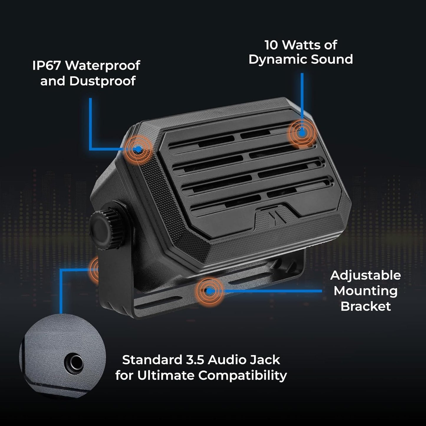 Midland - SPKMINI Mini External Speaker - Waterproof, 10 Watts, 3.5mm Plug - Compatible with All Mobile CB, GMRS, HAM and Amateur Radios
