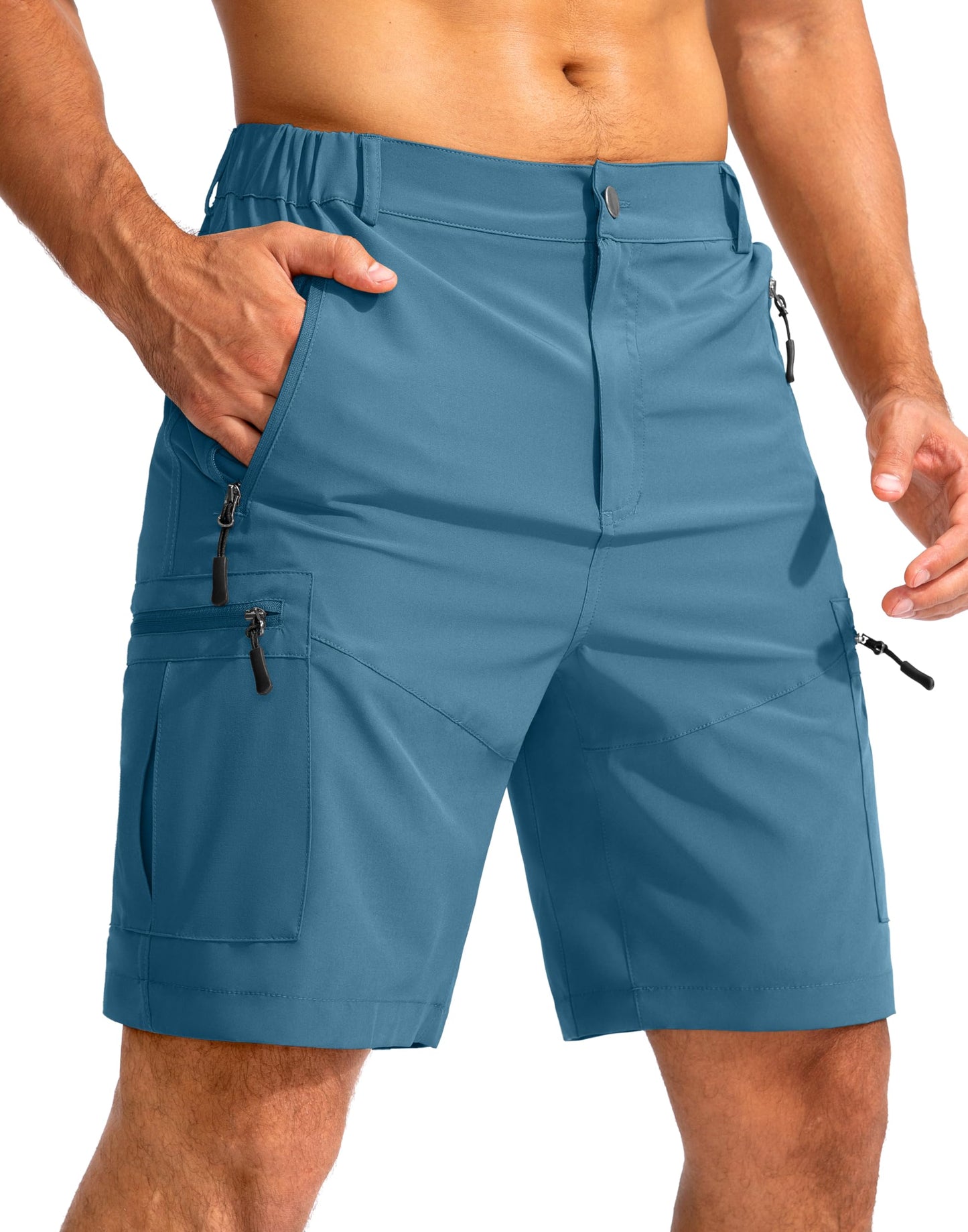 Pudolla Men's Hiking Cargo Shorts 9" Lightweight Outdoor Work Shorts for Men Travel Golf Camping Casual with 5 Zipper Pockets(Sea Blue Medium)