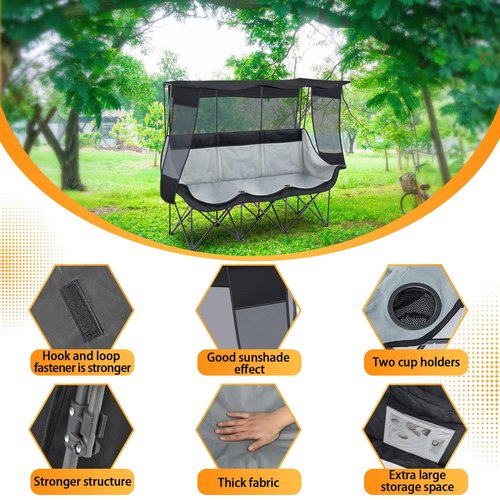 Teenyyou Oversized 3 Person Camping Chair with Canopy Shade Fully Padded Folding Camping Beach Lawn Chair for Summer Fall Outdoor Activities, Sturdy Loveseat with Cup Holder and Carry Bag(Black)