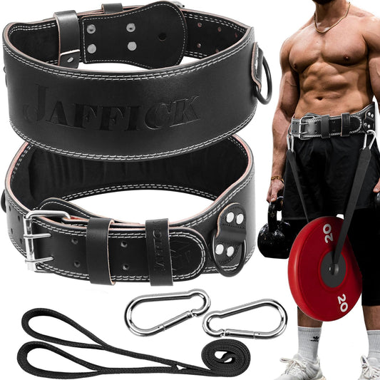 Jaffick Leather Weight lifting belt & 2-in-1 Dip Belt with Rope for Weightlifting Pull Up Gym Powerlifting Squat Bodybuilding Waist Support for Men Women