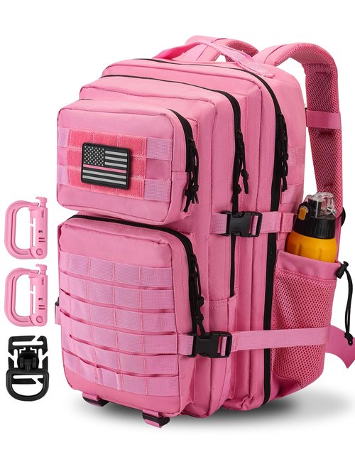Hannibal Tactical 45L MOLLE Assault Backpack, Tactical Backpack Military Army Camping Rucksack with Bottle Holder, 3-Day Pack Trip w/USA Flag Patch, D-Rings, Pink