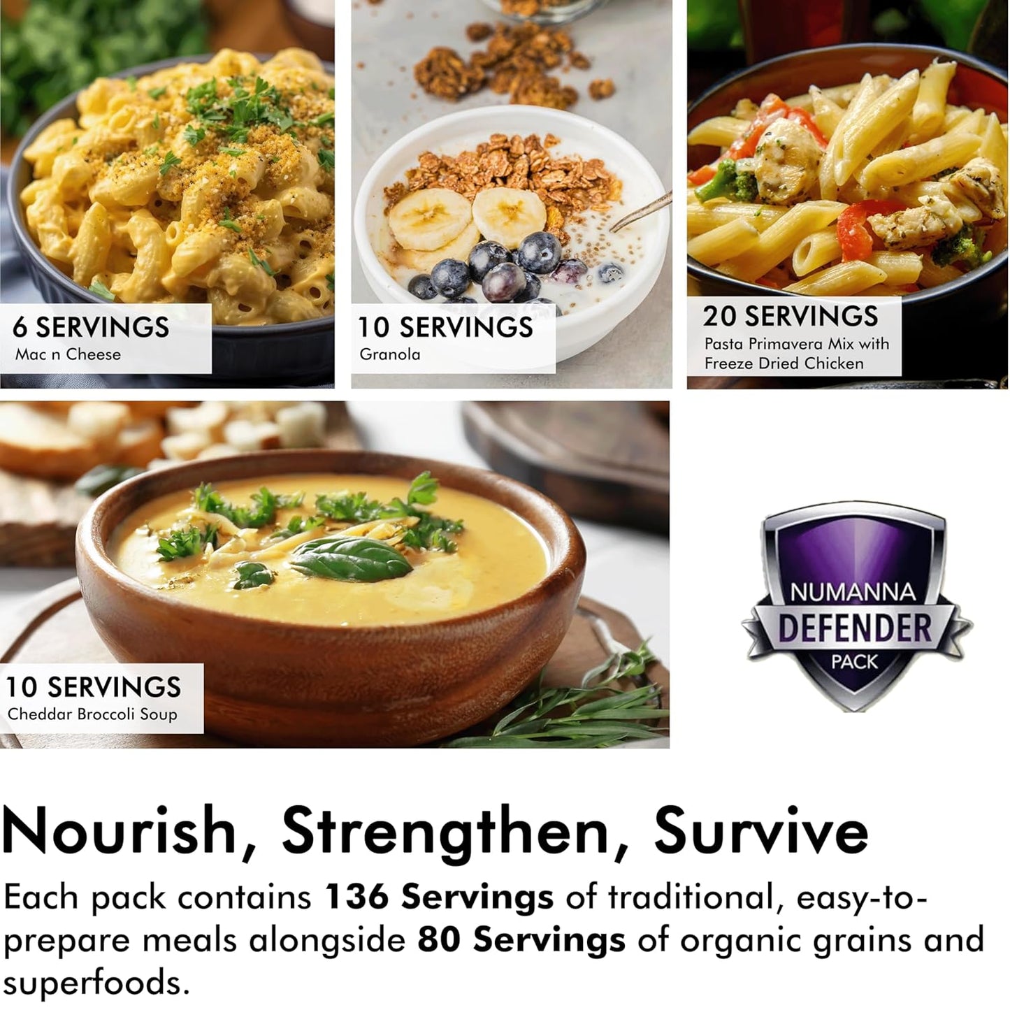 Numanna Defender Pack with Meat Bucket 216 Servings | 1-Month Emergency Food Supply with Protein | Easy-to-Prepare Survival Meals for Prepping, Camping & Daily Use | 25+ Year Shelf Life | Made in USA