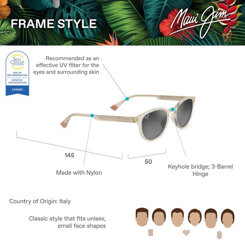 Maui Jim Hiehie Round Sunglasses, Shiny Trans Yellow/Neutral Grey Polarized, Small