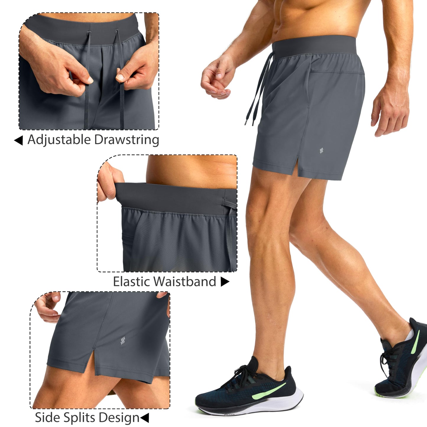 Soothfeel Men's Running Shorts with Zipper Pockets 9"/ 7"/ 5" Lightweight Quick Dry Basketball Gym Workout Athletic Shorts for Men (Grey, L)