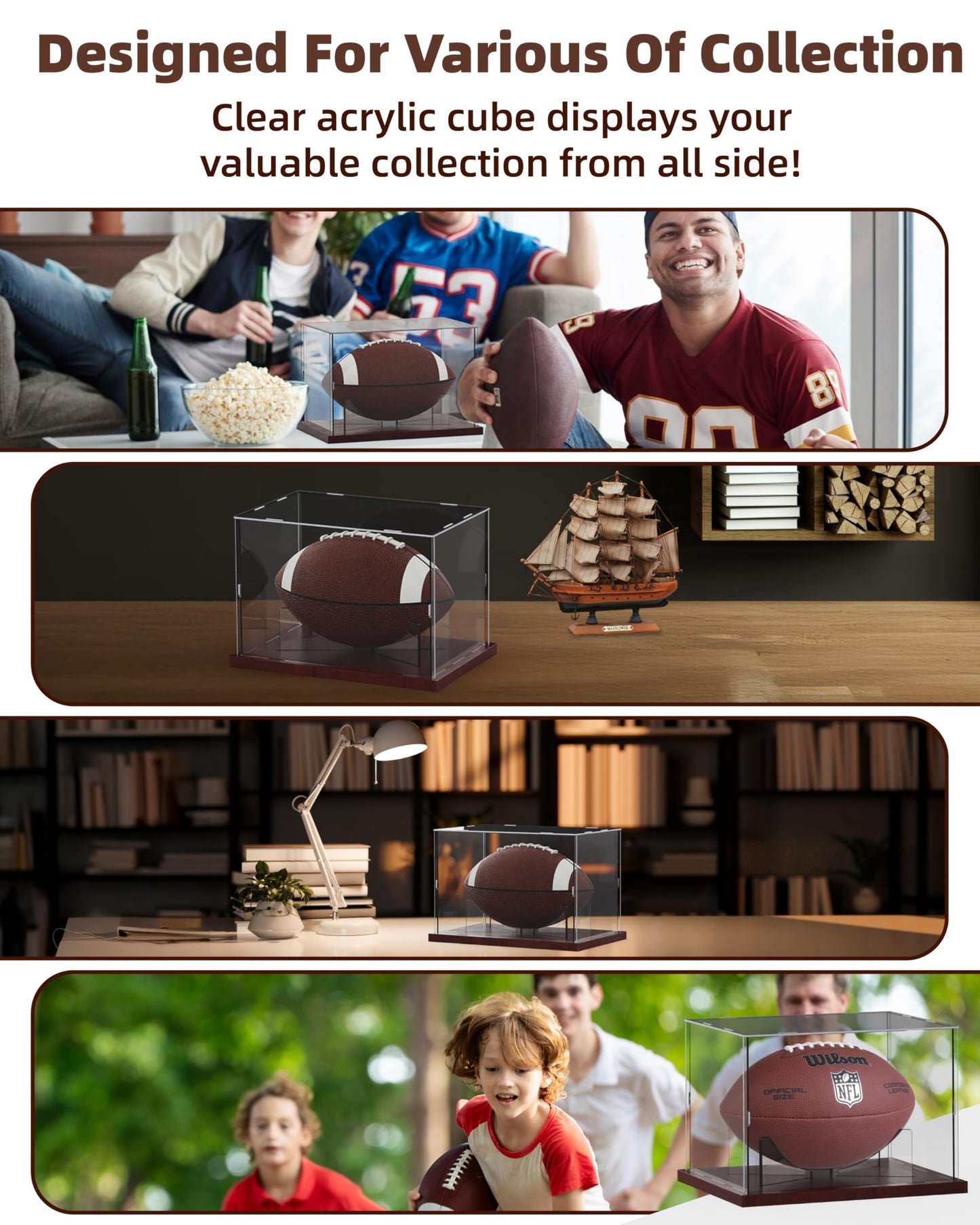 Fitense Football Display Case Acrylic Clear, Football Stand Holder Full Size with Solid Wood Base, UV Protected Football Display Box with Removable for Football Fans & Collectors, Memorabilia & Gift