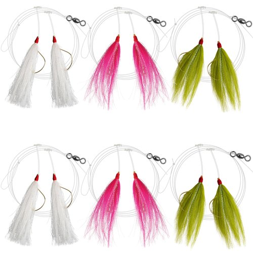 Bucktail Teaser Rigs,3/6pcs Flounder Rigs Hand Tied Sea Bass Hi Lo Rig Fishing Bait Rigs Saltwater Multicolor Mylar Bucktail Teasers Hook for Surf Ocean Fishing
