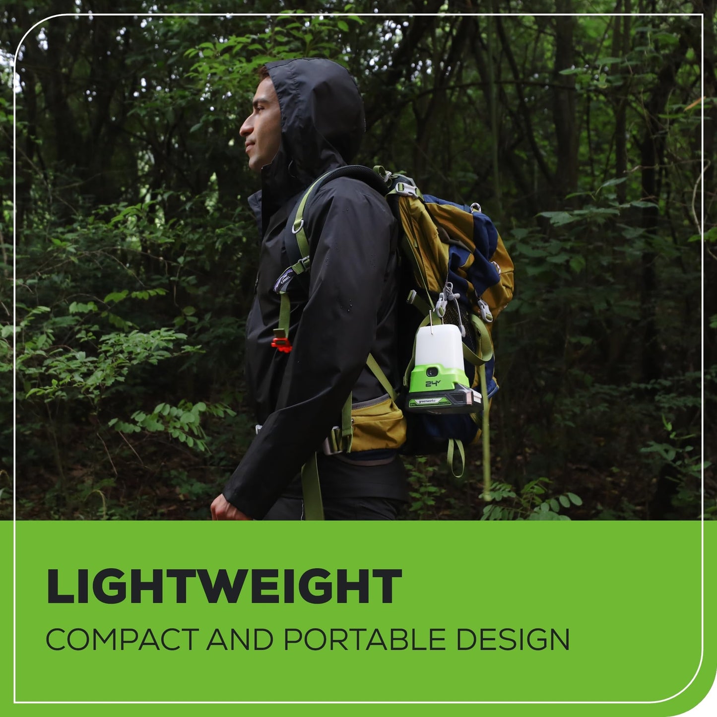 Greenworks 24V Cordless Lantern, Portable 500 Lumens Camping Light with Hook and Two USB Output Ports, 3 Modes, Mini Area Light with 2Ah Battery and Charger