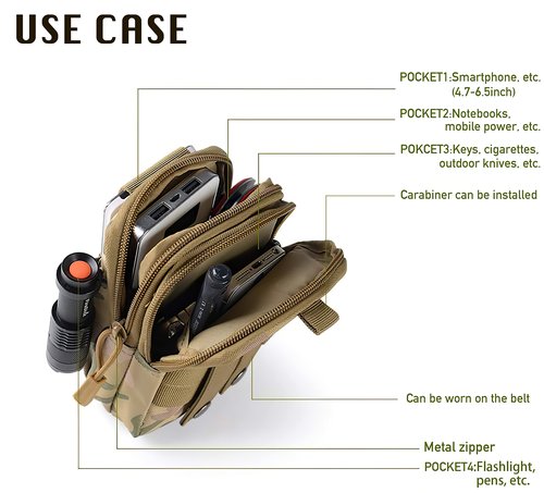 Tactical Waist Pouch MOLLE EDC Pouch Outdoor Man Waist Bag with Phone Belt Clip Holder Holster Carrying Pouch for Smartphone (WholeBlack+Easy Carabiner)