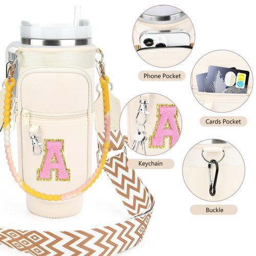 Water Bottle Holder for Stanley Cup 40oz, Stanley Cup Accessories A-Z Personalized Water Bottle Carrier Bag with Strap, Personalized Gifts for Women/Girls/StanleyCup Fans