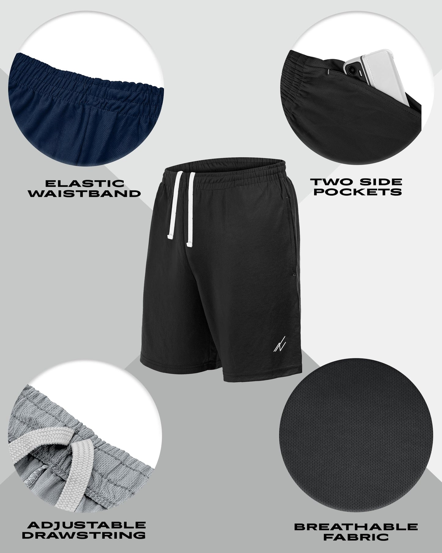 NY Threads 5 Pack Men's Athletic Shorts Quick Dry Loose-Fit Lightweight Running Workout Gym Shorts with Pockets, Medium, Black/Black/Navy/Dark Grey/Medium Grey